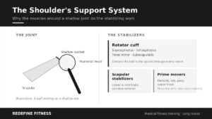 Diagram of the shoulder's support system: the shallow glenohumeral socket and the rotator cuff and scapular stabilizer muscles that keep it centered