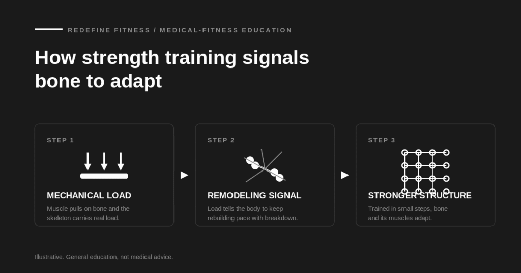 Diagram showing how mechanical load signals bone to remodel and become a stronger structure over time