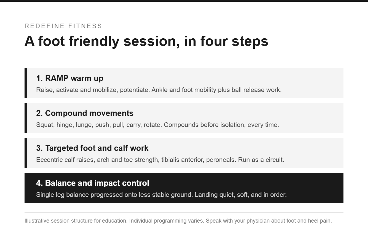 Four step foot and ankle friendly strength session structure: RAMP warm up, compound lower body work, targeted calf and intrinsic foot strengthening, then balance and impact control