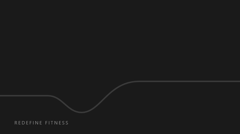 Dark charcoal graphic with a faint curve line and the Redefine Fitness wordmark